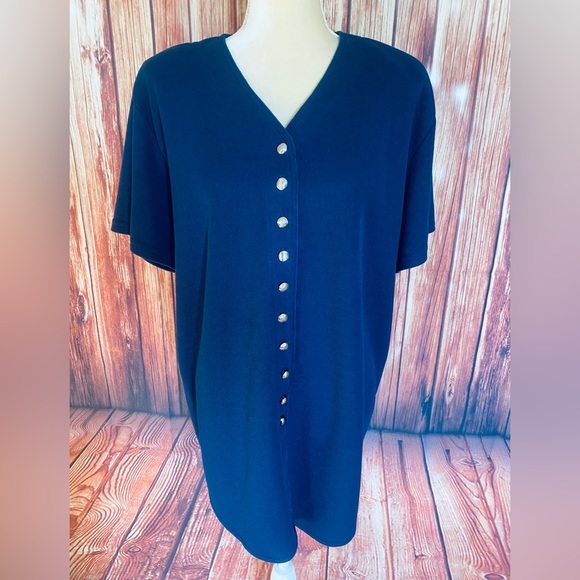 Women’s 2X Blouse Superline Dark Blue Button Down Short Sleeves V Neck Soft - Picture 2 of 11